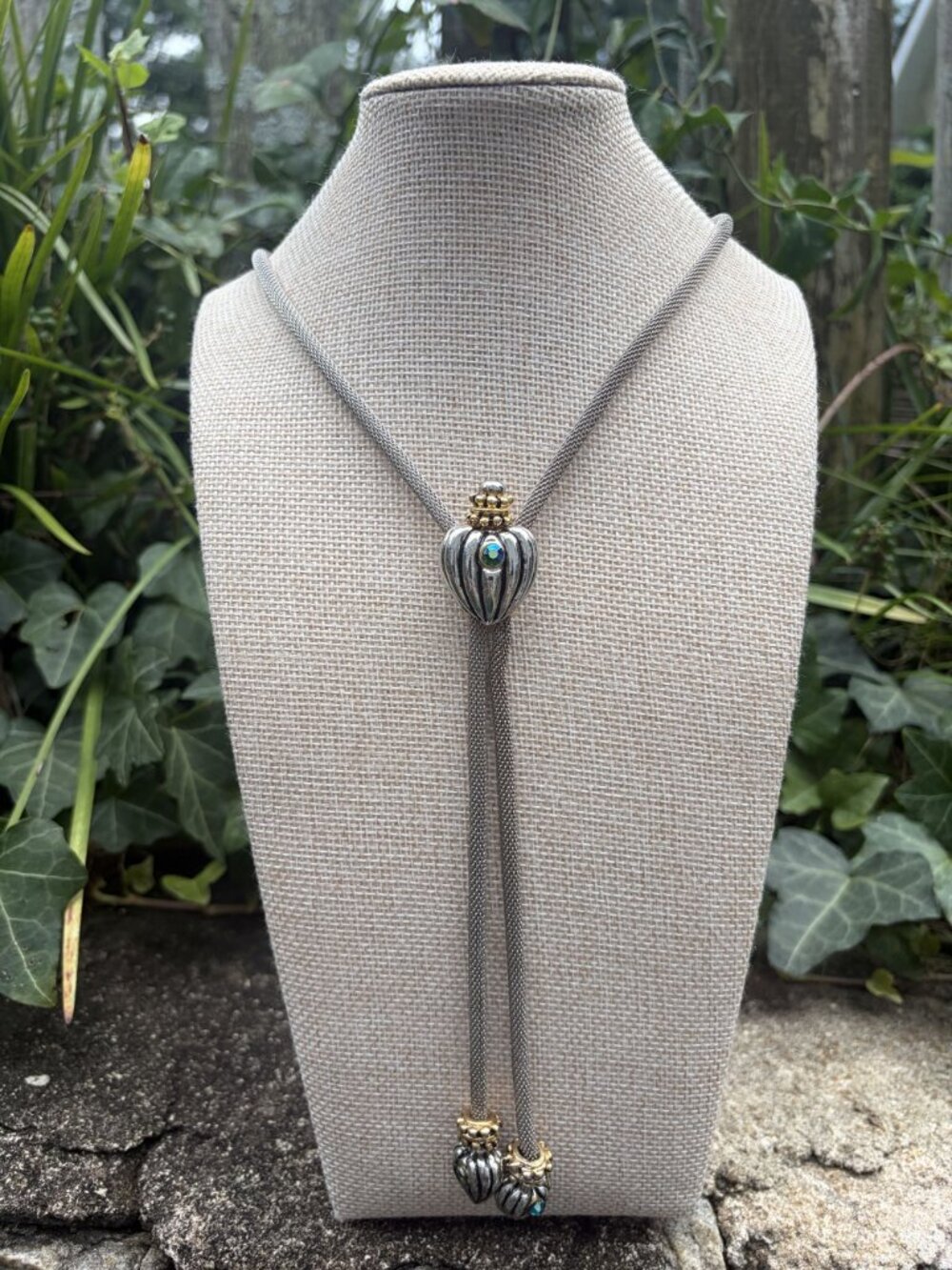 Vintage Mixed Metal Mesh Lariat Bolo Necklace Heart Slide Crystal Tips Statement